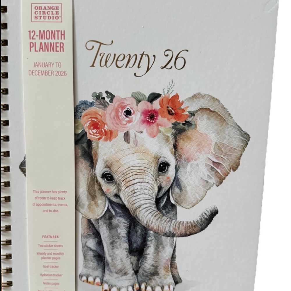 2026 Monthly Planner  12 mo.  Planner Orange Circle Studio Elephant Design 11x9”